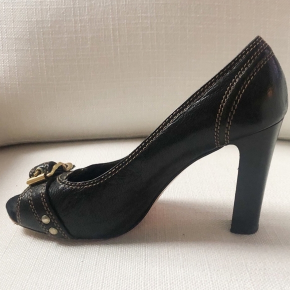 Coach Francie Peep-Toe Black Leather, Stitching, Buckle Accent Heels - Picture 5 of 6